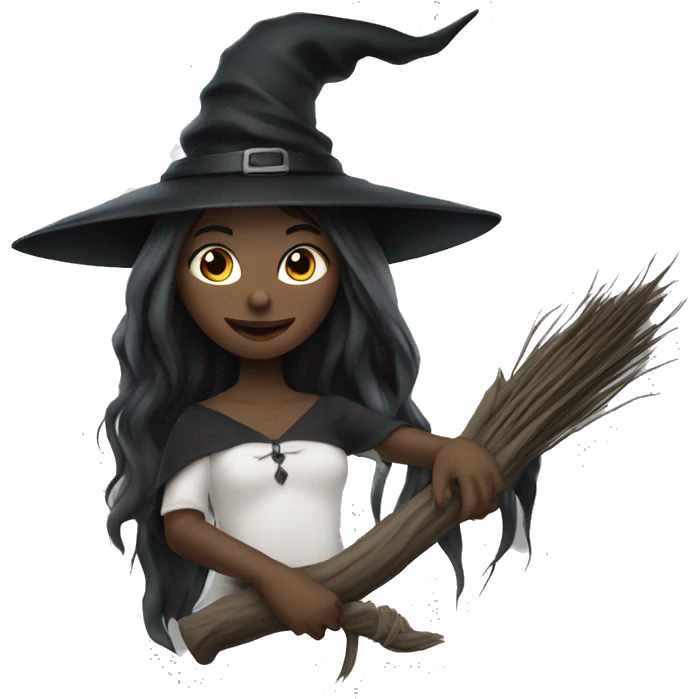 witch on a broom dark long hair white skin emoji