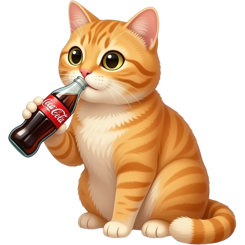 A ginger cat, sitting under the shade, drinking a bottle of coke. emoji