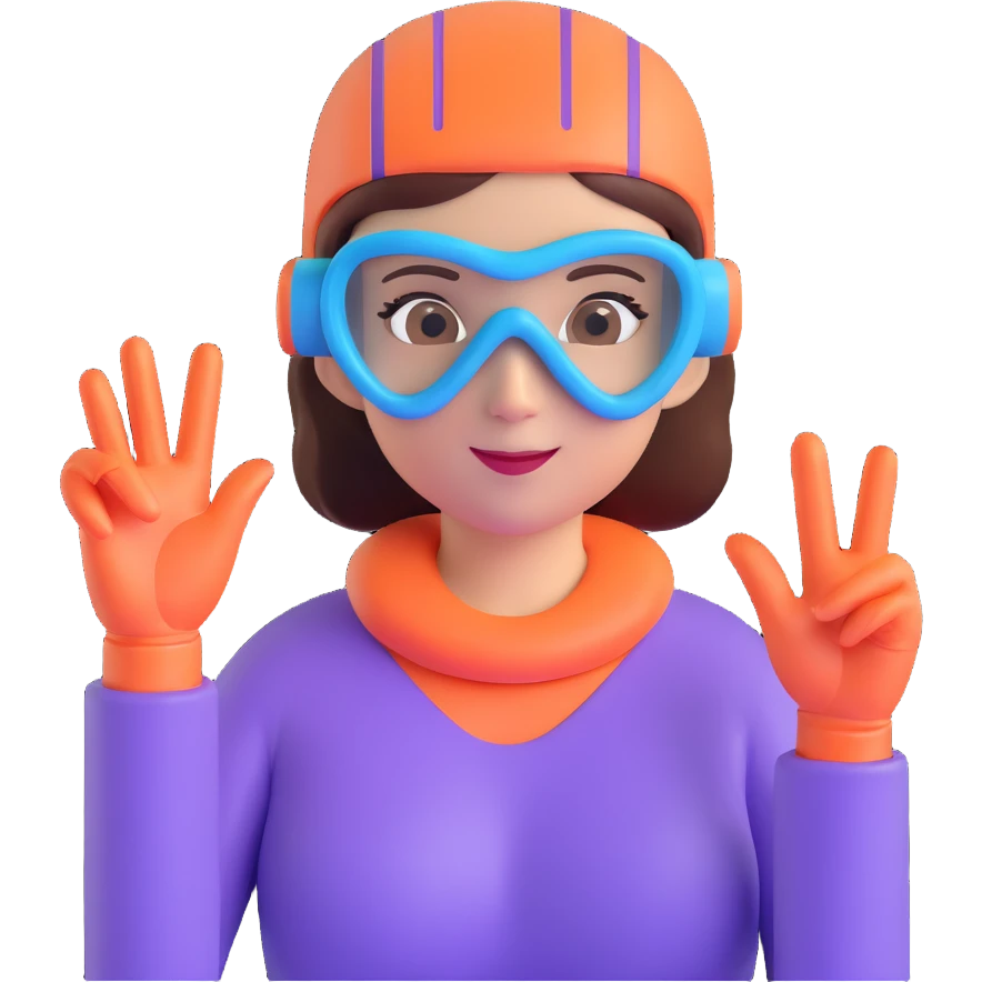 woman wearing snorkeling mask making hand heart gesture, bright and cute expression, face clearly visible, memoji style emoji