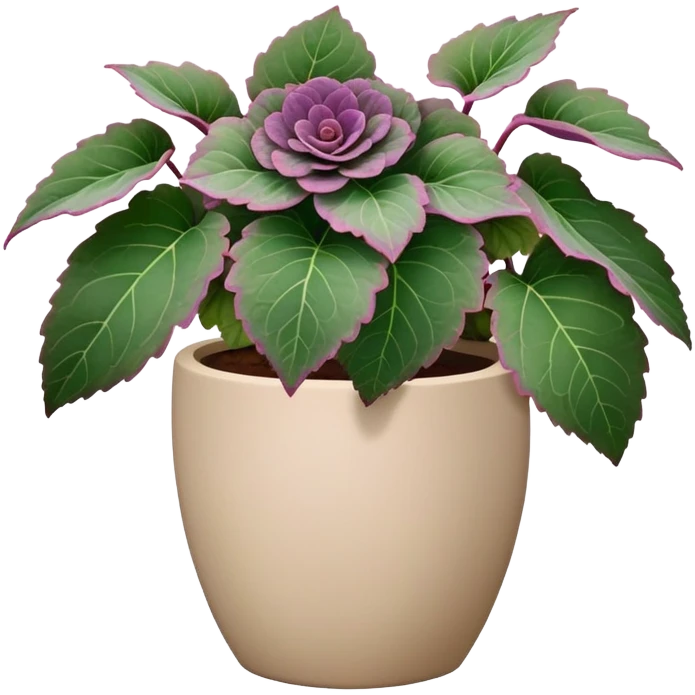 Begonia Rex with greenish-purple spiral leaves in a beige pot emoji
