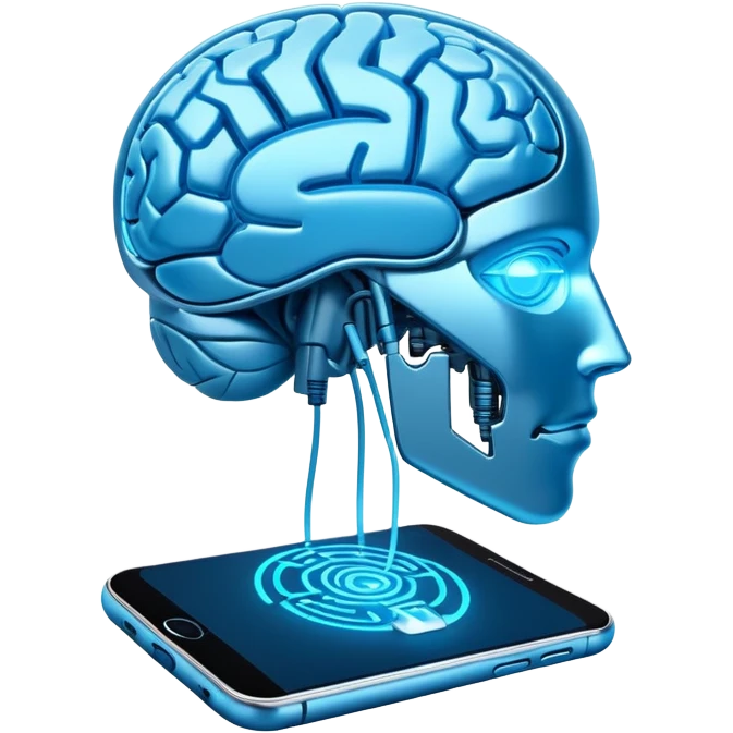 Futuristic smartphone connecting to human brain, AI-powered telepathic communication, glowing with advanced technology emoji