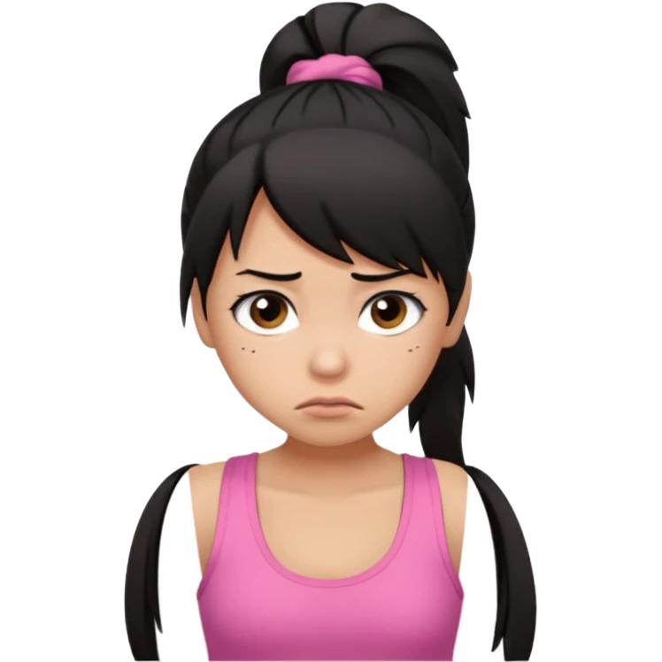 A tan girl with black hair in a ponytail. Wearing a pink tank top. Looking sad emoji