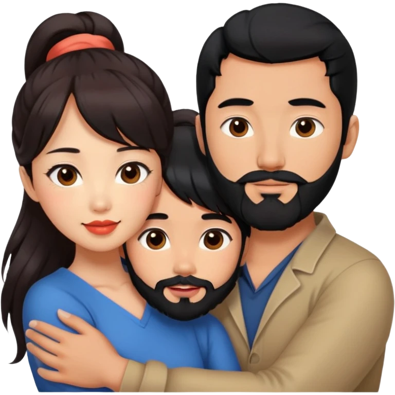handsome tall asian man with ponytail black hair and beard, hugging cute woman with tan skin and long wavy reddish brown hair with bangs and coral lipstick emoji