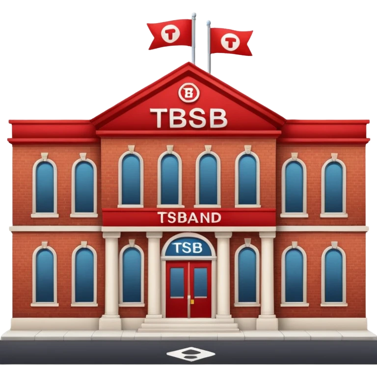 A bank with red building and labeled "TSB" on the building emoji
