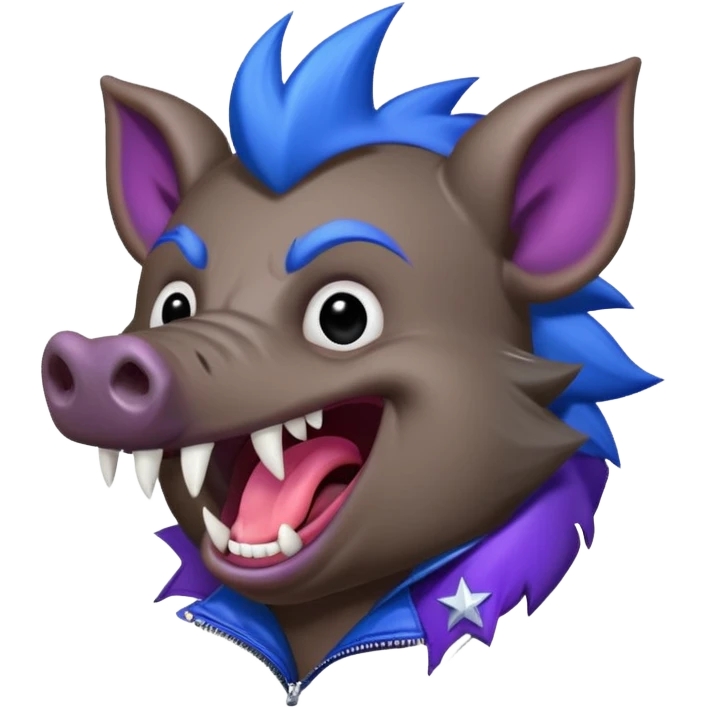 Sticker,A wild boar laughing loudly with a dark blue mohawk with purple and blue hues, wearing a black leather jacket, a wild boar with fangs, but not dangerous,  decorated with stars, ((cheerful, laugh)), surrounded by white outline, on transparent background emoji