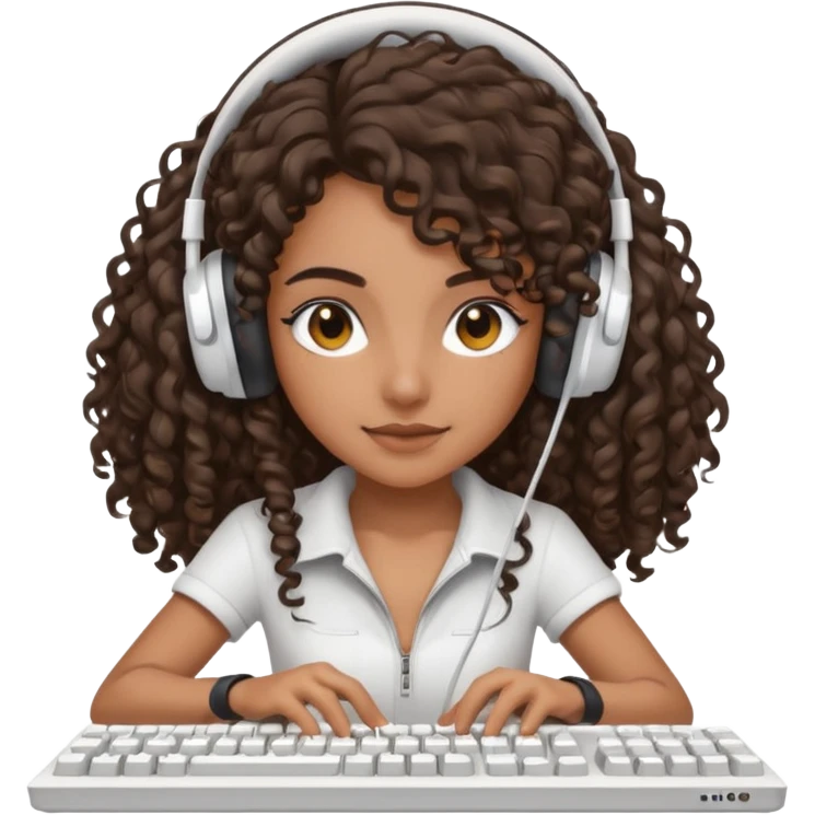 Brown skin Spanish girl with long dark curly hair, wearing a white gaming headset and playing on keyboard with a gaming mouse i emoji