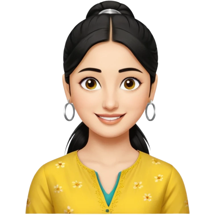 generate a pretty bratz emoji that looks like Kareena Kapoor's Geet character. 
Make her wear a yellow kurti, silver hoops, black hair in a ponytail. smiling big

She should look like Kareena Kapoor emoji