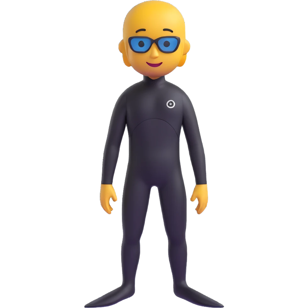 Extend the freediver's leg fins to be significantly longer, resembling professional freediving fins, while keeping the same pose, black wetsuit, and overall 3D emoji style unchanged. Preserve the black background and all other design elements. emoji