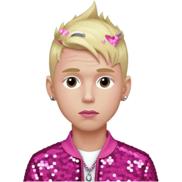 Machine Gun Kelly with blonde hair, dark pink sequin outfit emoji