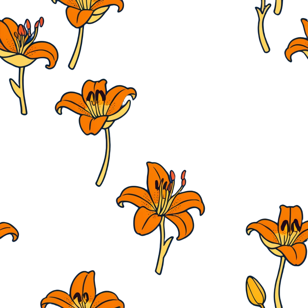 Artistic Japanese tiger lily (oniyuri) flower with stylized composition reminiscent of kimono patterns, orange recurved petals with black spots, gold accents, on indigo background emoji