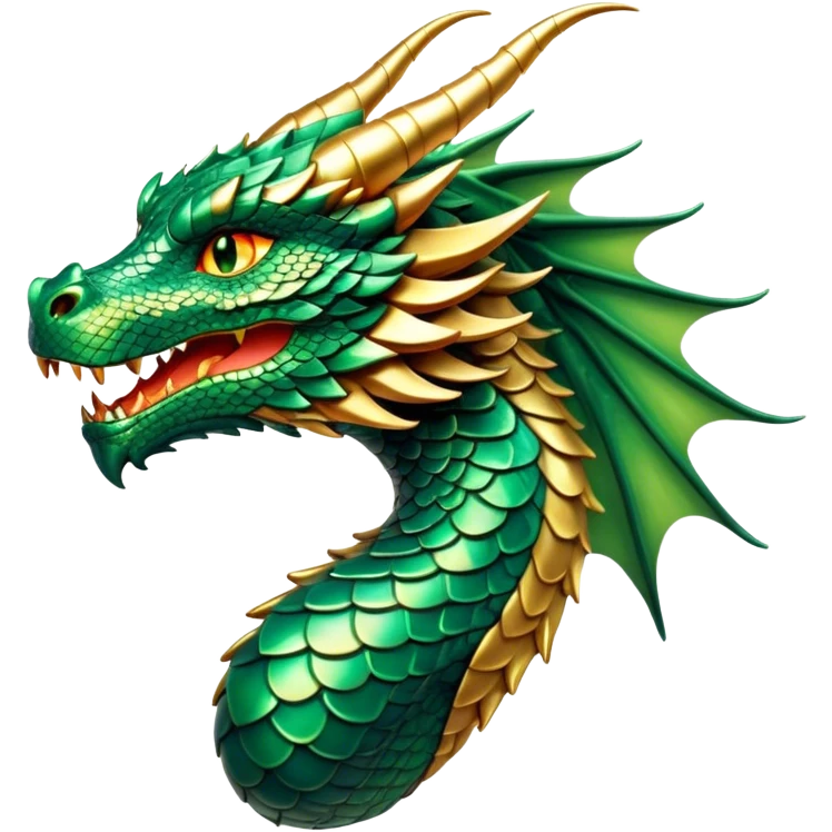Cinematic Noble Dragon Portrait Emoji, Poised and majestic, with a sinuous, elongated body covered in intricately detailed, shimmering scales in hues of emerald and gold, and piercing, fiery eyes that reflect ancient wisdom; rendered with lifelike texture and natural highlights, high shine, intelligent and formidable, styled with an aura of mythic power, focused and attentive, soft glowing outline, capturing the essence of a legendary dragon that appears ready to soar out of the screen with timeless authority! emoji