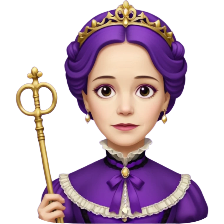 Wilhemina Venable (Sarah Paulson) in royal purple Victorian style, beautiful and luminous but terrifying, holding a gold cane emoji