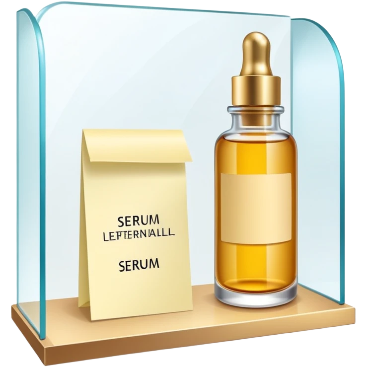 luxury serum bottle with luxury brand label on a shelf, blank sticky note next to it emoji