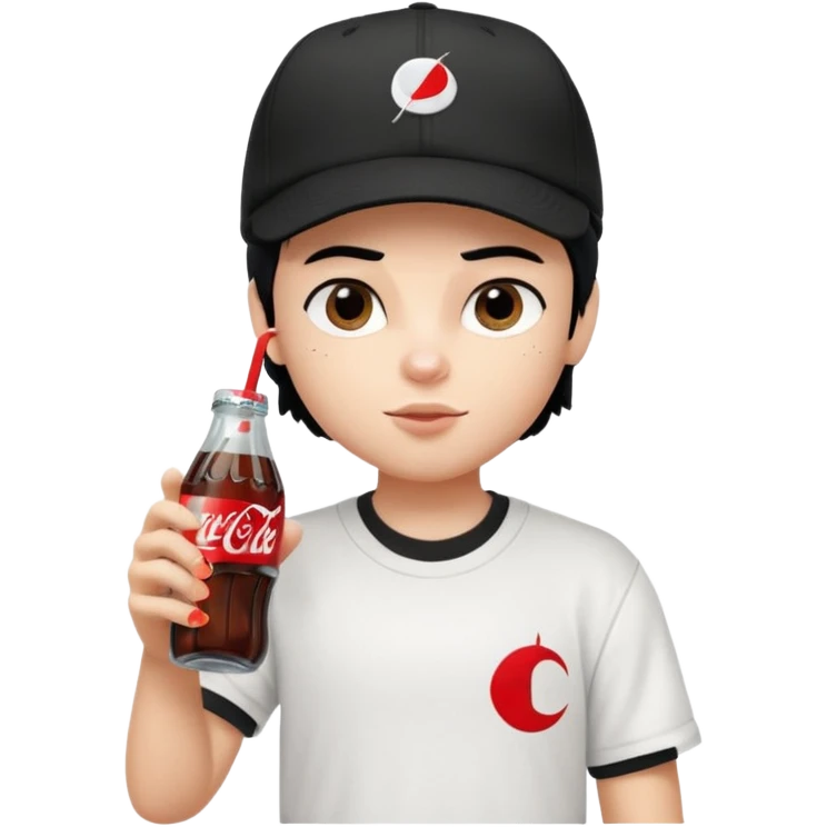 generate a pretty bratz boy with a nike black baseball cap, a white tshirt and drinking coke , black hair emoji