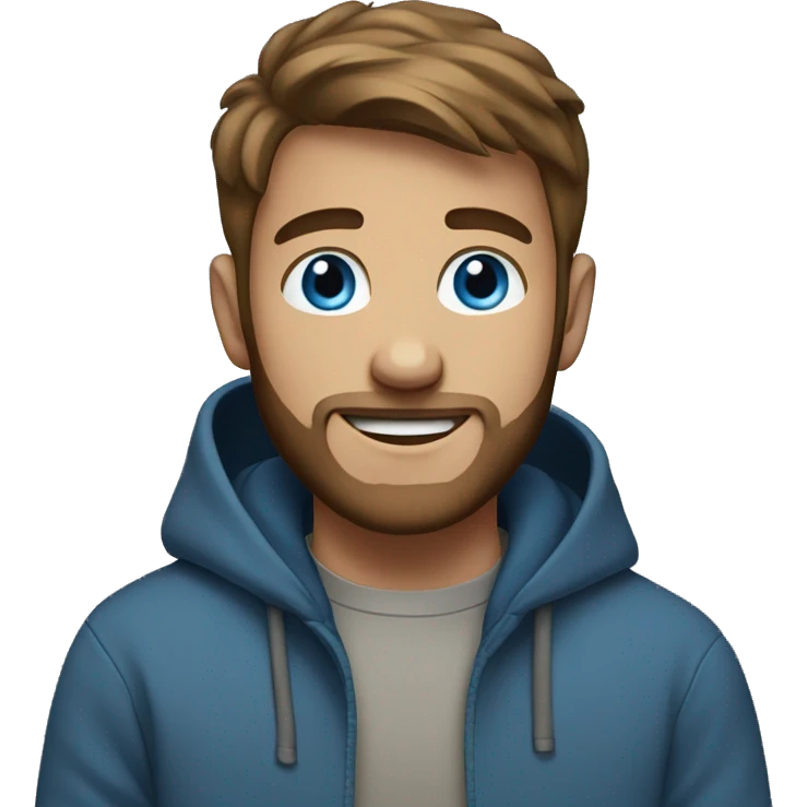 boy smiling with grey hoodie, brown short beard, blue eyes emoji