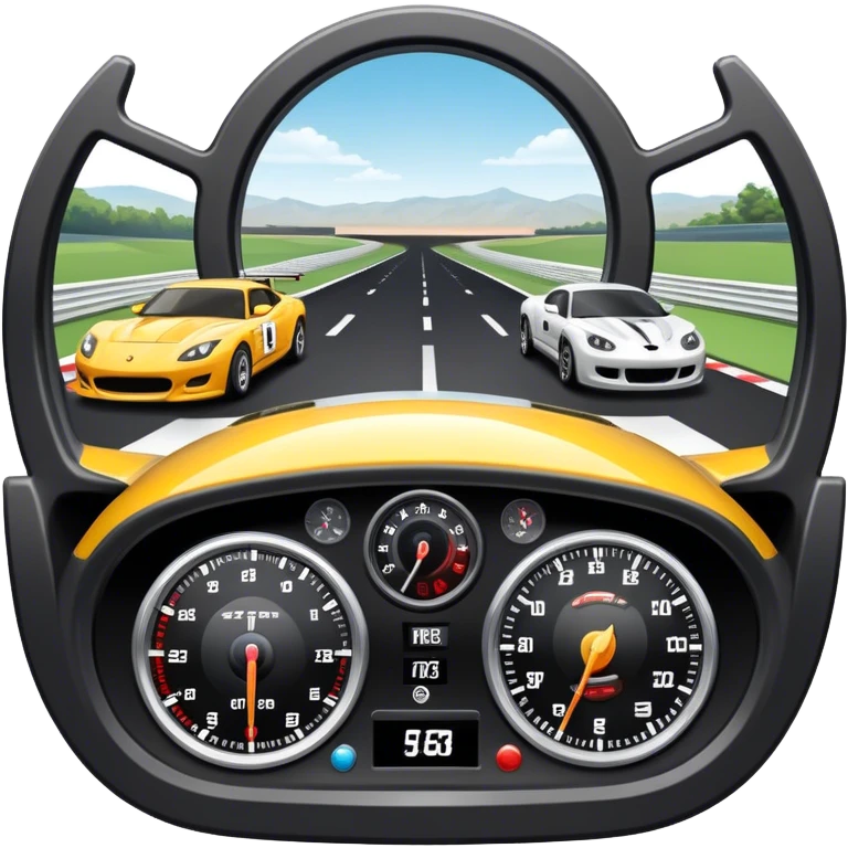 An icon showing a racing game interface, inspired by Grand Turismo. The design features a garage with a selection of high-performance cars, along with race track visuals in the background. Speedometer, lap timer, and other HUD elements add to the excitement. Transparent background emoji