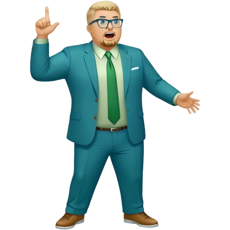 Full Body plus size white male yelling basketball team manager with glasses blondish gray short hair with a goatee wearing blue and green suit emoji