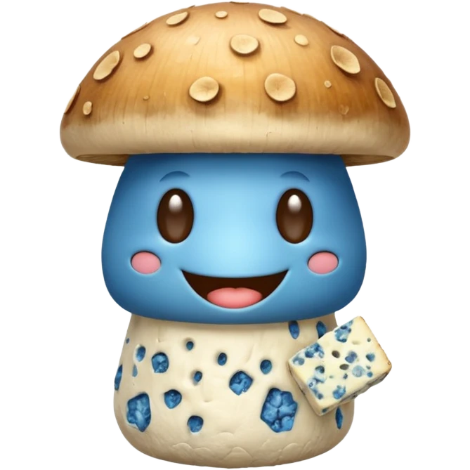 Smiling mushroom holding a stinky blue cheese emoji