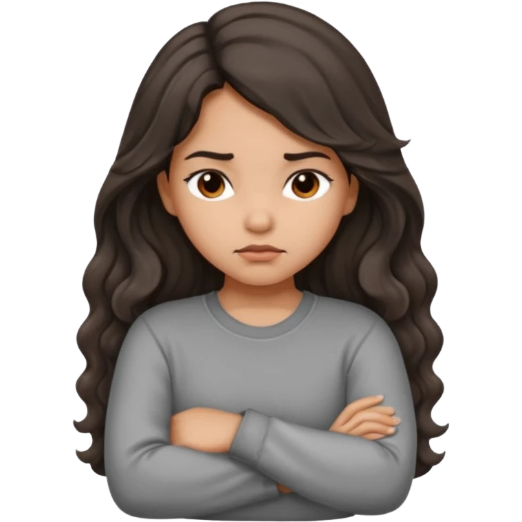Hispanic girl with long dark brown wavy hair arms folded and  pouting. Gray long sleeve emoji