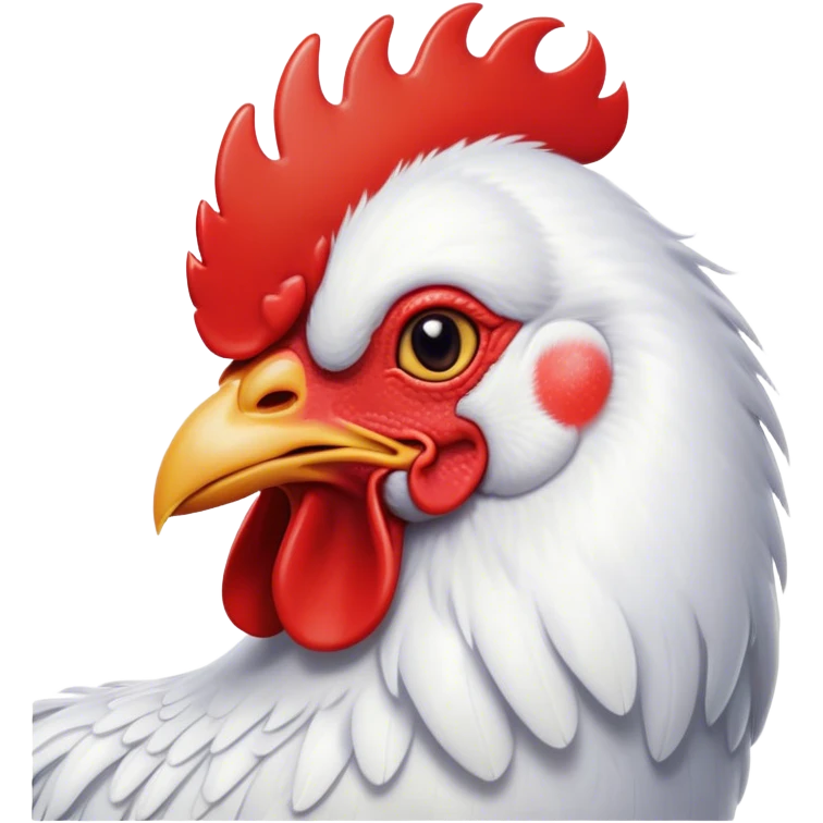 Cinematic Cute White Rooster Portrait Emoji, Head tilted playfully and inquisitively, featuring a glossy, immaculate white plumage with a vibrant red comb, round, sparkling eyes filled with curiosity, Simplified yet irresistibly adorable features, highly detailed, glowing with a warm, friendly glow, high shine, affectionate and spirited, stylized with a touch of farmyard whimsy, bright and endearing, soft glowing outline, capturing the essence of a mischievous yet loving rooster, so playful it feels like it could strut out of the screen and into your arms! emoji
