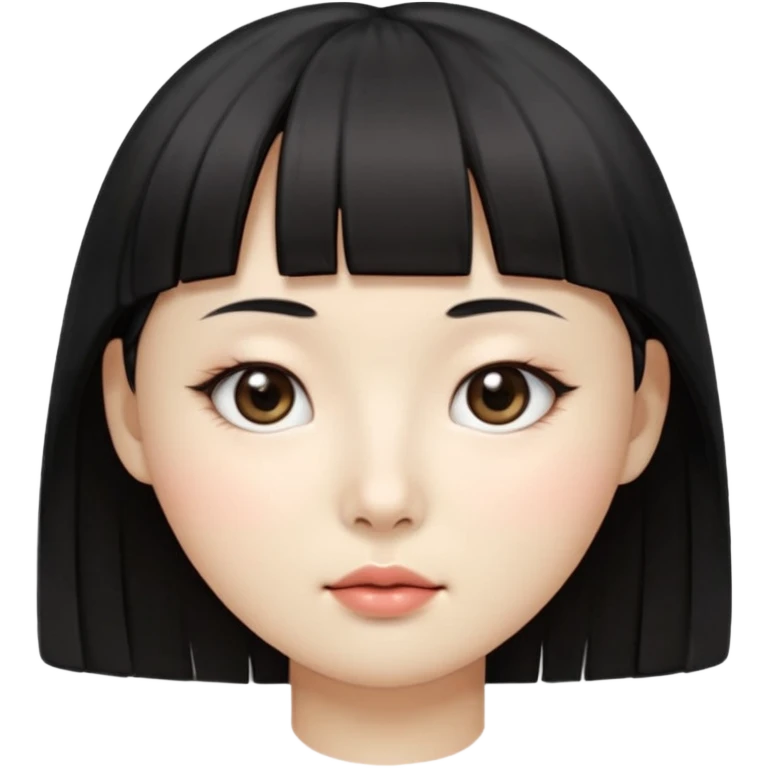 Clean Korean illustration-style emoji portrait of a young Korean woman, front-facing.
Smooth porcelain skin, soft shading, large round eyes, calm neutral expression.
Straight black bangs, black hair tied back, small nose and lips.
Round oval face, soft jawline.

 emoji