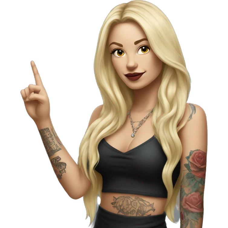 Blonde elegant women with LONG HAIR, her Body Covered with Tattoos, POINTING YOU FORWARD with her HAND with INDEX FINGER, Hyper Realistic emoji