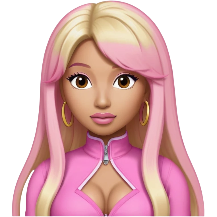 Nicki Minaj wearing a pink outfit with hair that is half blonde and half pink emoji