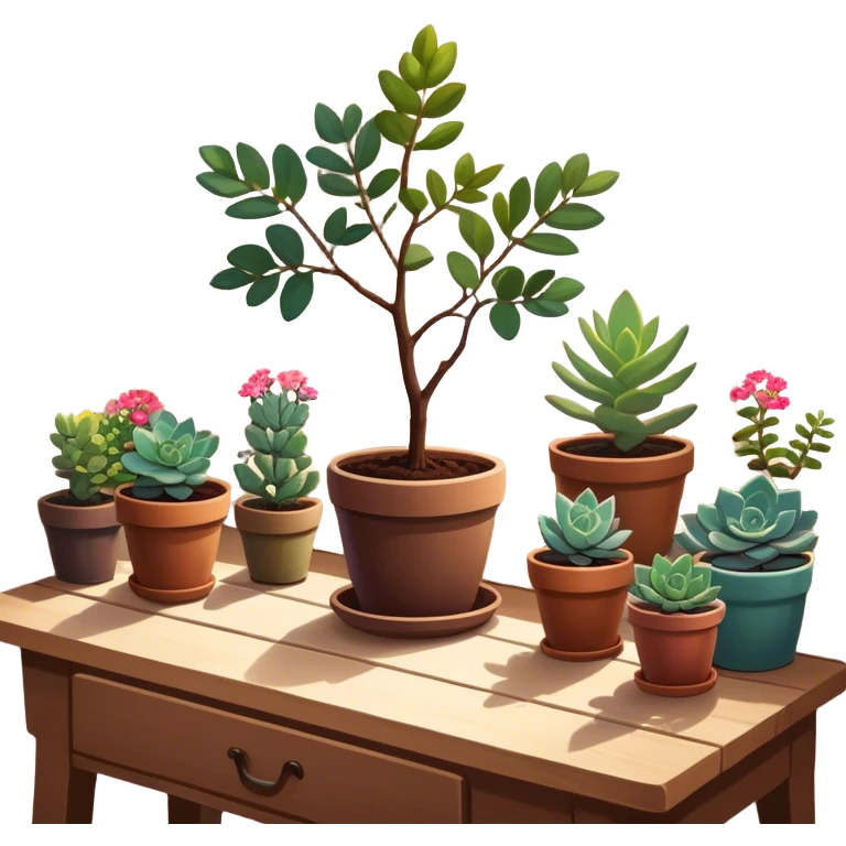 Close-up of a potted sapling with vibrant flowering plants around it, in rich soil. Sunlight filters through the window, casting soft shadows. Cozy indoor garden with blooming flowers, succulents, and gardening tools placed neatly on a wooden table. emoji