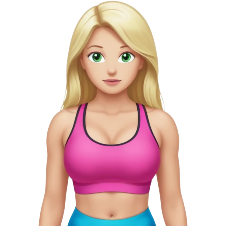 Long Blonde really big boobs green blue eyes gym tights skinny face bright pink sports bra emoji