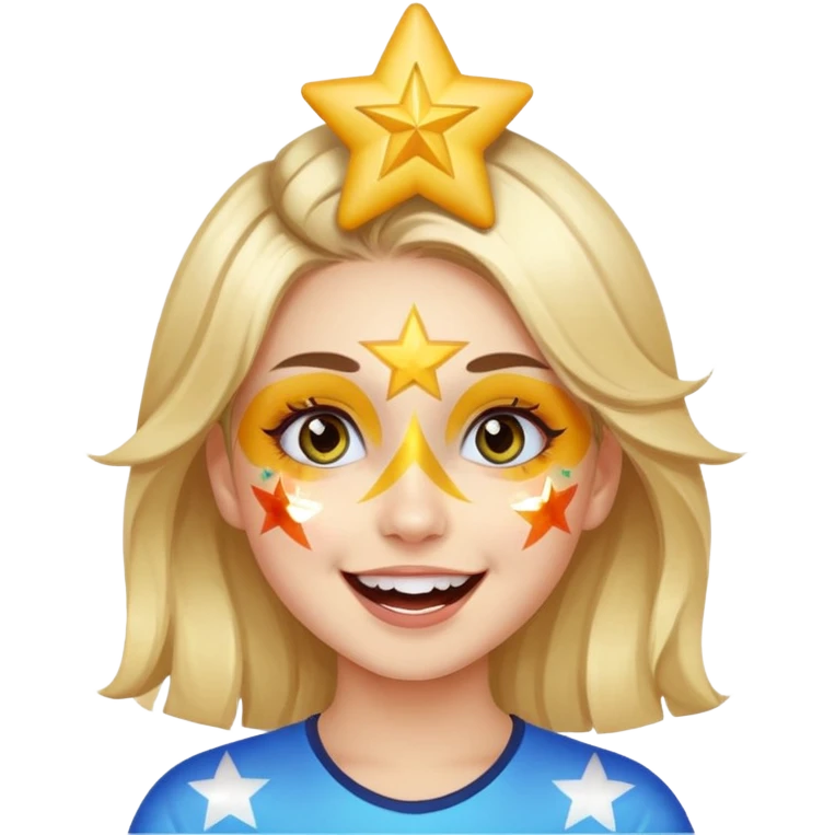 A girl with star-shaped face paint on her cheeks, cheering with bright eyes. emoji