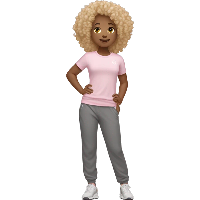 girl wearing lululemon shirt and light pink sweat pants with curly blond hair emoji