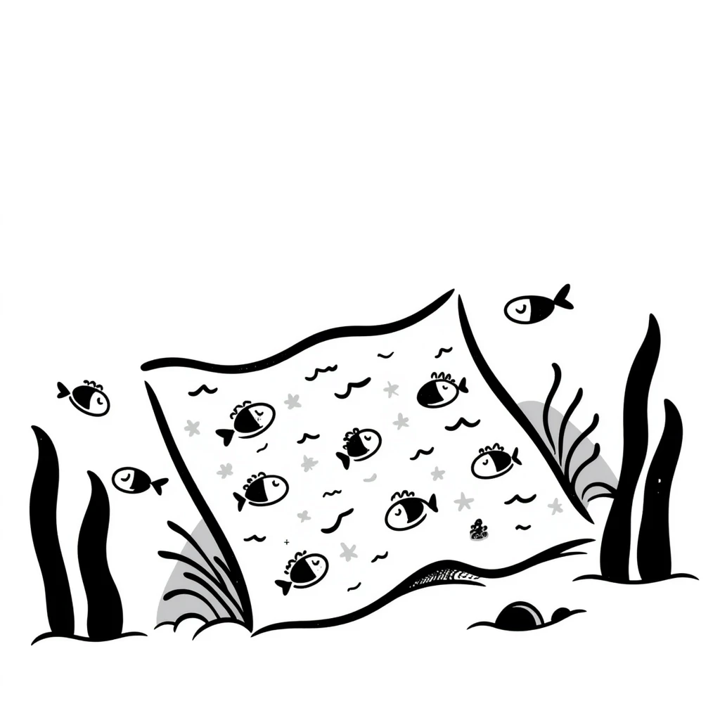 hand-drawn doodle of a carpet on the sea floor, with simple fish and plants emoji