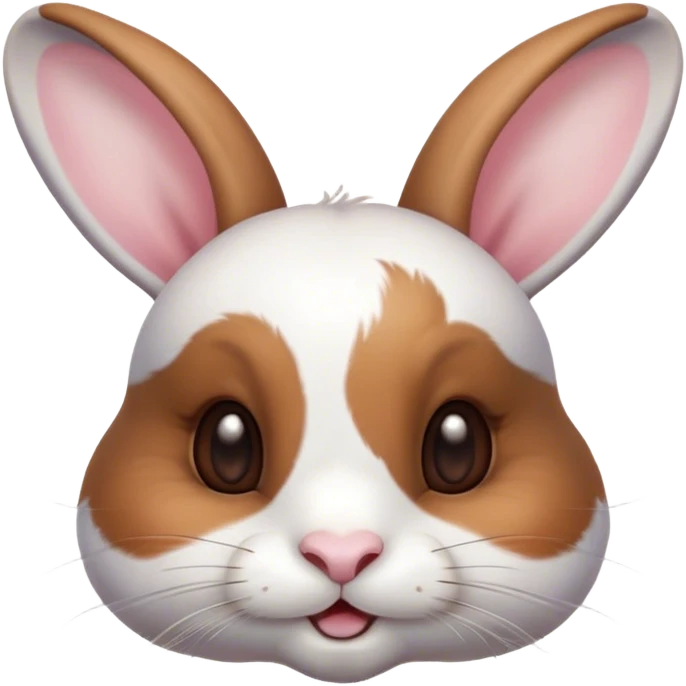 Cinematic Cute White and Brown Rabbit Portrait Emoji, Head tilted playfully and inquisitively, featuring a silky fur with a delicate mix of white and brown patches, round, sparkling eyes filled with curiosity, Simplified yet irresistibly adorable features, highly detailed, glowing with a warm, friendly glow, high shine, affectionate and lively, stylized with a touch of whimsy, bright and endearing, soft glowing outline, capturing the essence of a mischievous yet loving bunny, so playful it feels like it could hop out of the screen and into your arms! emoji