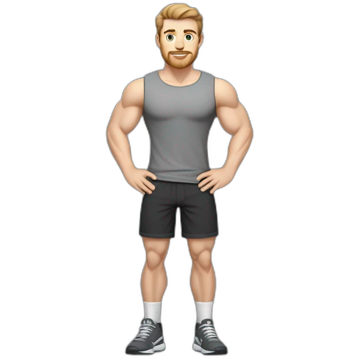 Full height Pale skinned fit man With biceps, Realistic eyes and mouth, light brown hair and stubble In dark gray sleeveless mike, black oversize sports shorts, watch and white sneakers. emoji