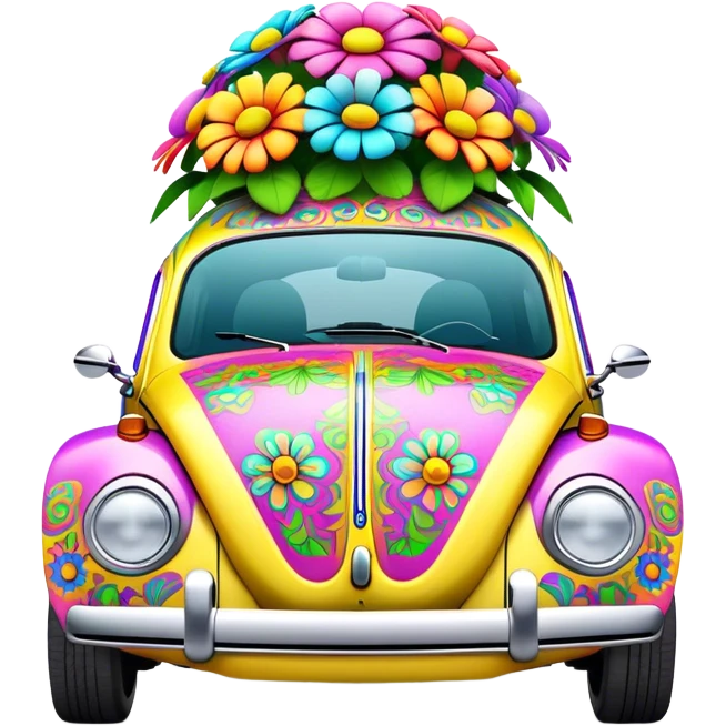 3D, psychedelic colored VW beetle with hippie style flowers emoji