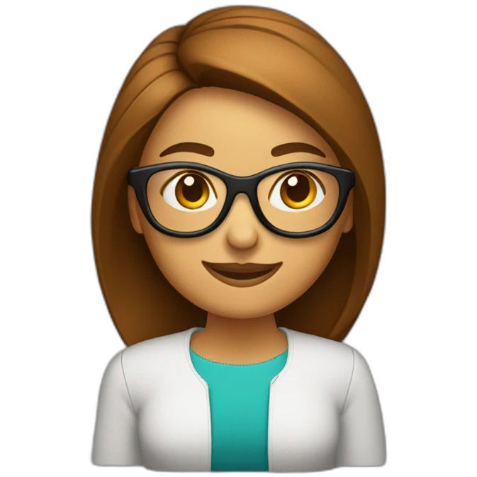 mujer con piel de color blanco con gafas sonriente cabello hasta el hombro y de color marron con un computador emoji