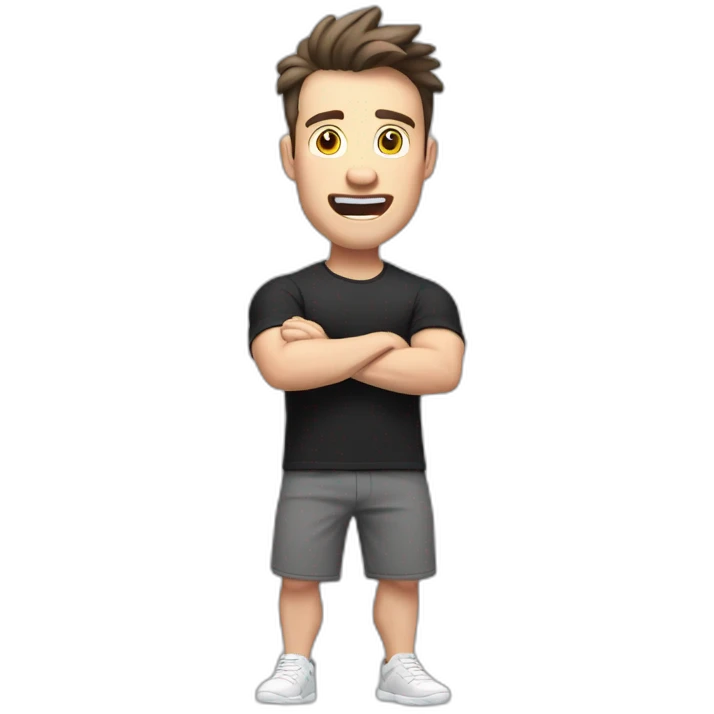 amazed Open with surprise mouth Pale skinned Fit Man With the biceps and dark brown hair in black shirt, gray sports shorts and white Sneakers emoji