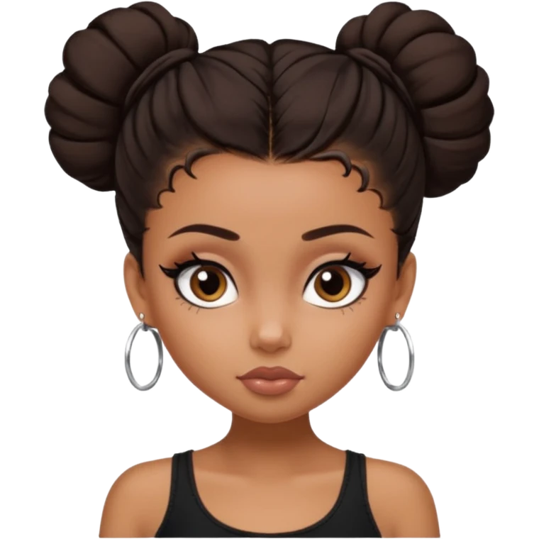generate a pretty bratz girl in black cami top, dark brown messy bun, eyeliner on. dark brown eyes. NO EARRING emoji