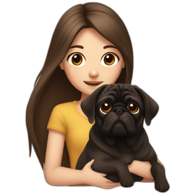 Girl with long brown hair and dark pug emoji