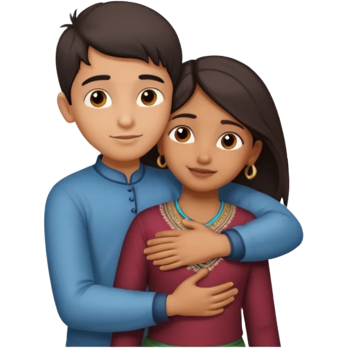 indian boy hugging indian girl from behind... boys hand down near navel of girl... boys head on the shoulder of girl... hugging tight.. more romantic emoji