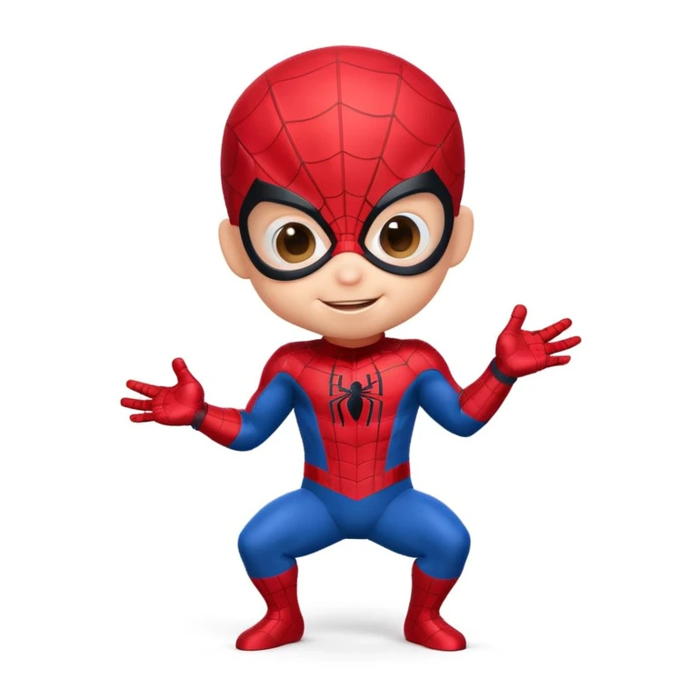A 3d small funny baby spiderman superhero in stand pose emoji