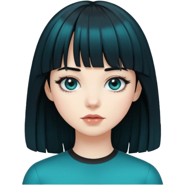 girl with black hair and the hair transforming into black hair with bangs that are half teal emoji