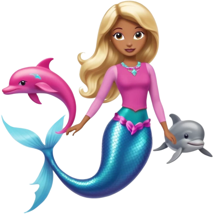 Brown skin blonde hair barbie mermaid with pink tail and dolphin  emoji