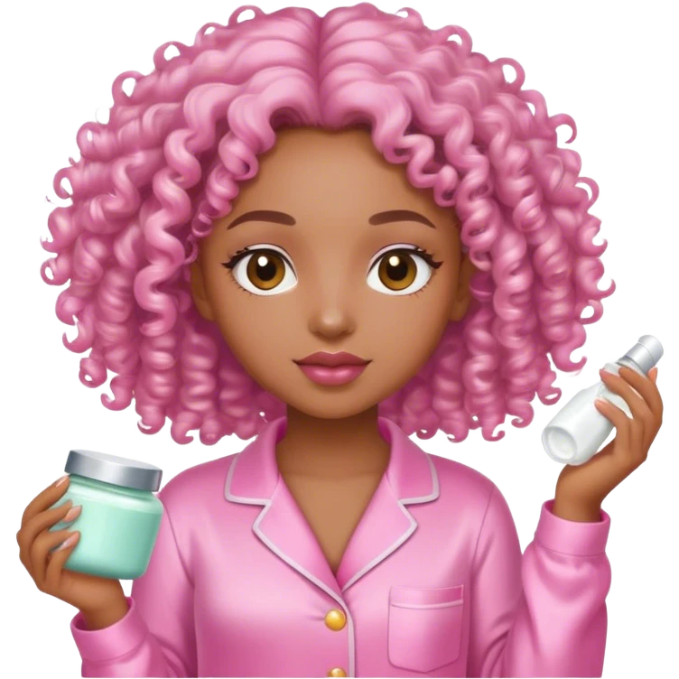 Angelic light skin curly hair black girl in pink satin pajamas doing skin care emoji