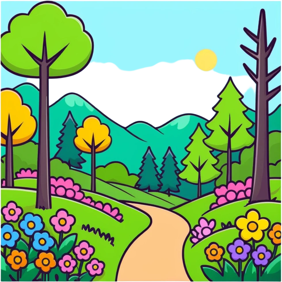 spring forest scene with colorful flowers and green trees in cartoon sticker style emoji