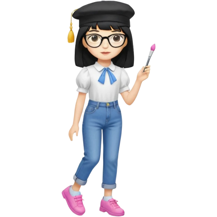 A yellow-skinned girl with long straight black hair, flat bangs, black frame glasses, a white puffy sleeve doll shirt, blue spacious jeans and pink shoes, and a black painter's hat，no yellow spikes. emoji