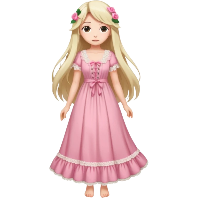 pastel anime woman with pink and white lace cottage dress full body and long hair with roses emoji