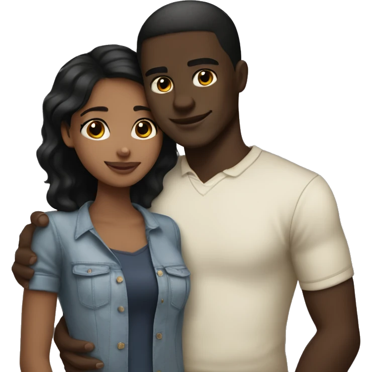 Dark brown skin black haired girl hugging light skin man emoji