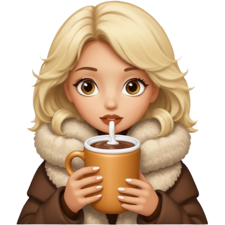 Tanned Girl with lashes , blonde hair, in an extremely big fluffy oversized coat and hold hot chocolate drink and big eyes like dog, big lip emoji