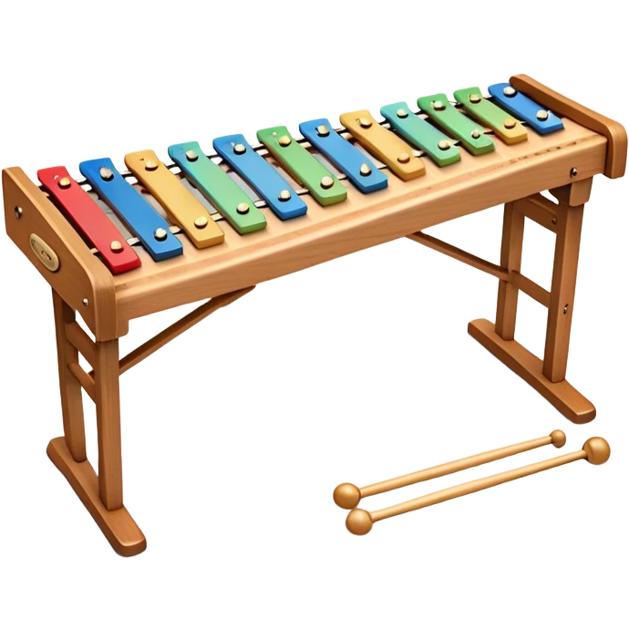 Create a vibrant and detailed emoji representing a large professional wood xylophone. The design should feature the sleek wooden keys of the xylophone, arranged neatly on the frame, with metal bars clearly visible. Add the mallets placed beside the instrument or in motion, highlighting their soft rubber heads. Use warm, natural wood tones for the keys, with subtle metallic accents to reflect the professional quality of the instrument. Add small musical notes or soundwaves around the xylophone to evoke its bright, percussive sound. The background should be transparent. emoji